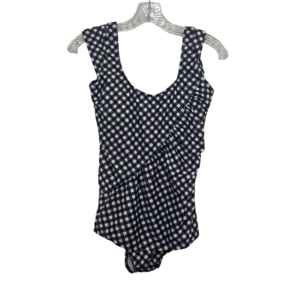 Gingham One Piece Swimsuit Small Black White New WOT Ruffle Detail Scoop Neck